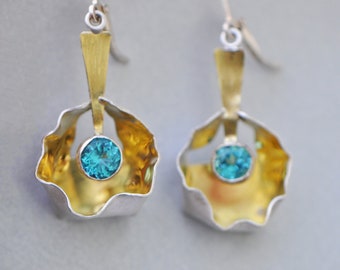 18K gold, silver, and blue apatite dangle earrings