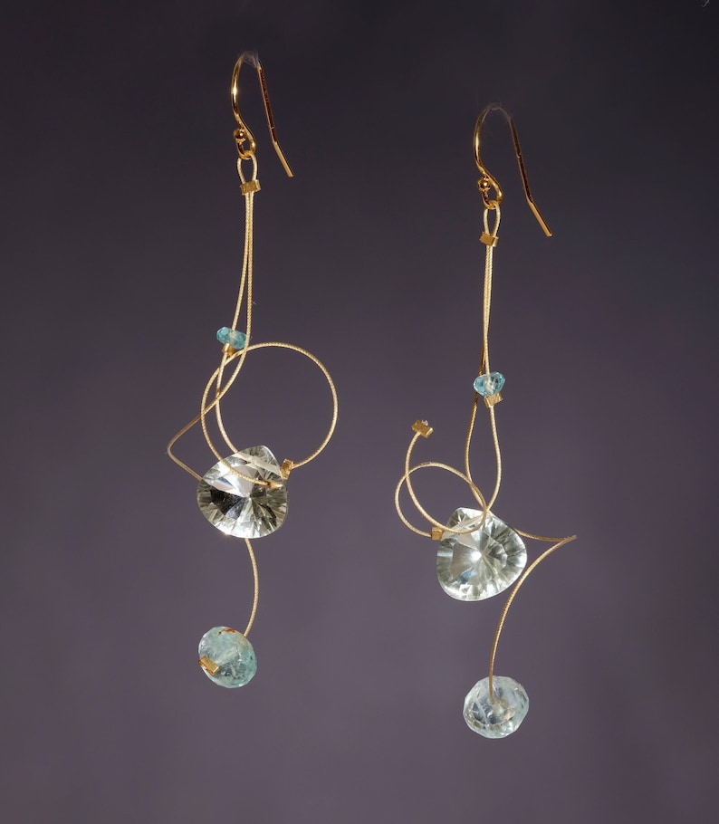 Green amethyst, aquamarine, and apatite dangle earrings with 14K gold filled ear wires image 1