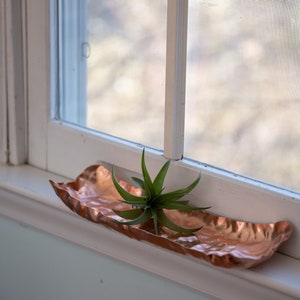 Puede incluir: Una bandeja decorativa oblonga de color cobre con una superficie texturizada. La bandeja contiene una peque&ntilde;a planta a&eacute;rea verde. La bandeja est&aacute; colocada en un alf&eacute;izar blanco, con una ventana al fondo.