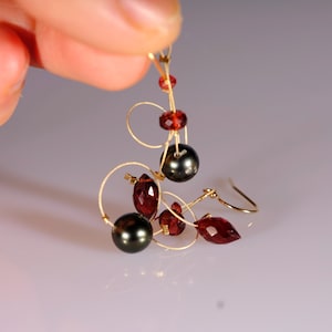 Red garnet, gray Tahitian pearl, and gold filled dangle earrings image 7
