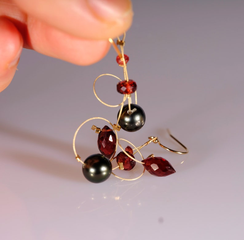 Red garnet, gray Tahitian pearl, and gold filled dangle earrings image 7