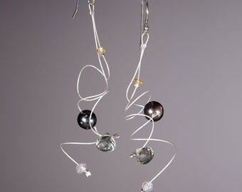 Natural Tahitian pearl, green amethyst, labradorite, and Mandarin garnet earrings with sterling silver ear wires