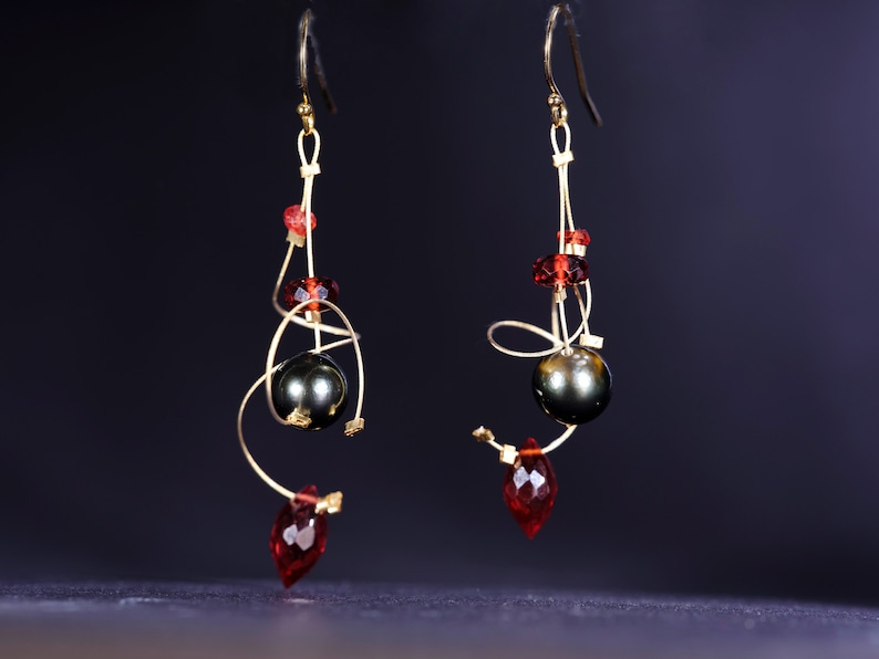 Red garnet, gray Tahitian pearl, and gold filled dangle earrings image 1