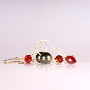 Red garnet, gray Tahitian pearl, and gold filled dangle earrings image 4