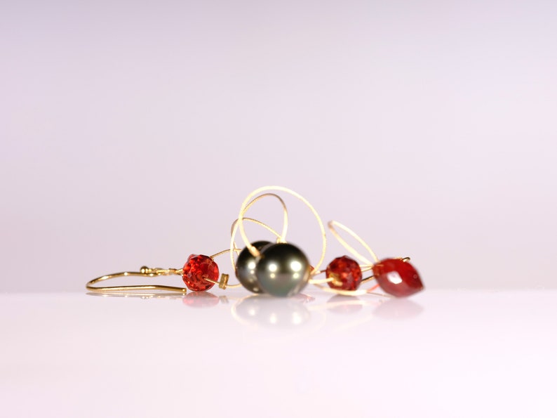 Red garnet, gray Tahitian pearl, and gold filled dangle earrings image 4