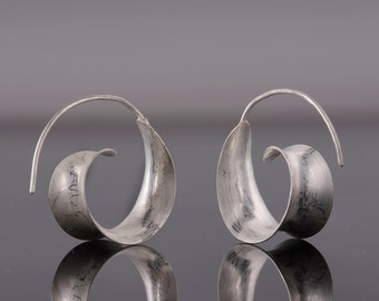 artisan swirl hoop earrings hand forged in sterling silver with textured finish