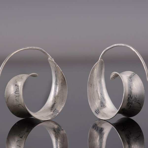 artisan swirl hoop earrings hand forged in sterling silver with textured finish