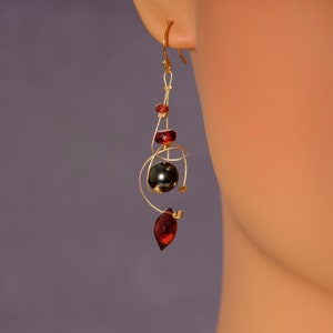 Red garnet, gray Tahitian pearl, and gold filled dangle earrings image 6