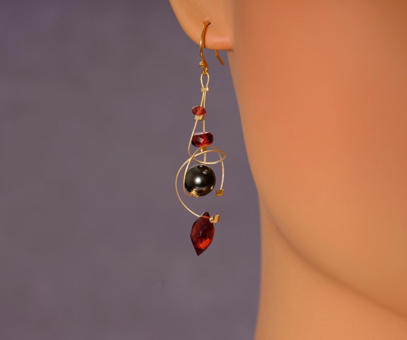 Red garnet, gray Tahitian pearl, and gold filled dangle earrings image 6
