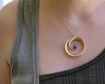 Large 14K gold filled spiral pendant with black freshwater pearl (with purple/blue undertones)