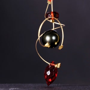 Red garnet, gray Tahitian pearl, and gold filled dangle earrings image 2