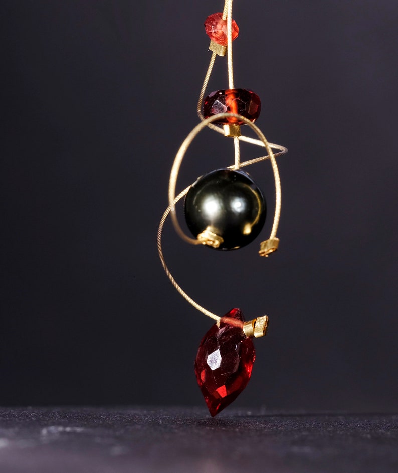 Red garnet, gray Tahitian pearl, and gold filled dangle earrings image 2