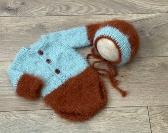 Newborn sage onesie, brown baby romper, baby boy outfit, knit infant set, baby shower gift, soft baby set, fuzzy boy outfit