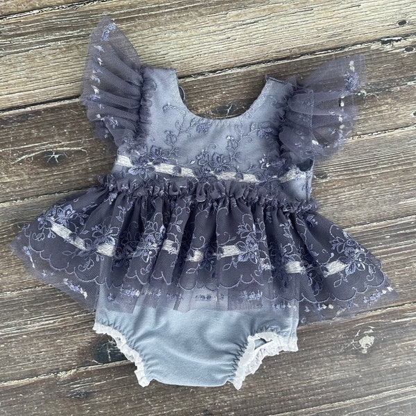 Newborn dusty blue romper, stretchy wrap, sleepy hat, baby girl ruffled romper dress, newborn girl prop,