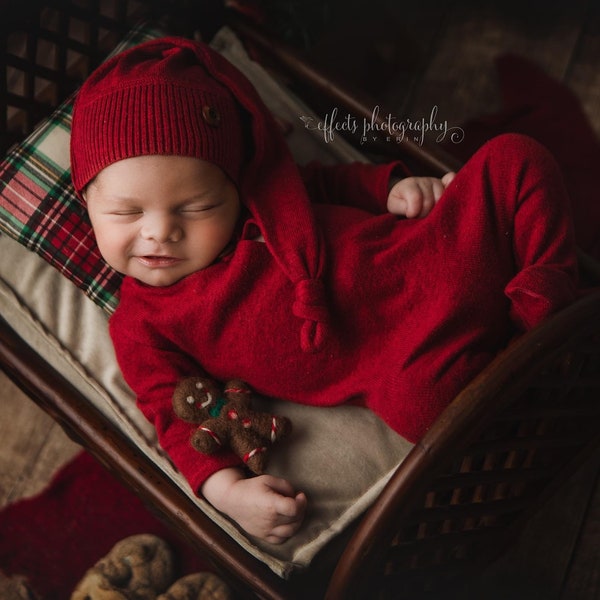 Newborn Christmas jammie set, red baby romper, holiday infant footed romper, long tail baby hat, photography outfit, newborn prop romper,