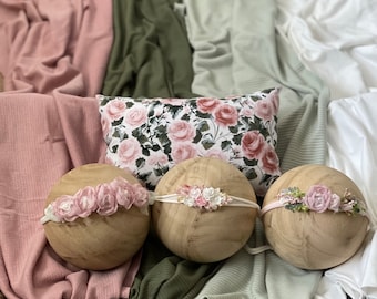 Newborn Photography Prop Set: Floral Pillow, Wrap, and Tieback