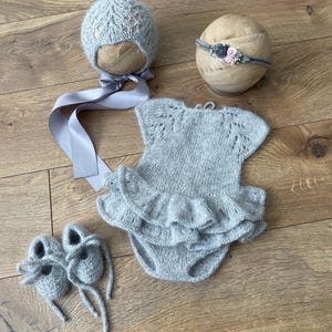 Grey Newborn Romper Dress Lace Knitted Bonnet Knitted Ballerina Shoes Tieback Photography Prop Unique Baby Shower Gift For Girl Ruffled Dres