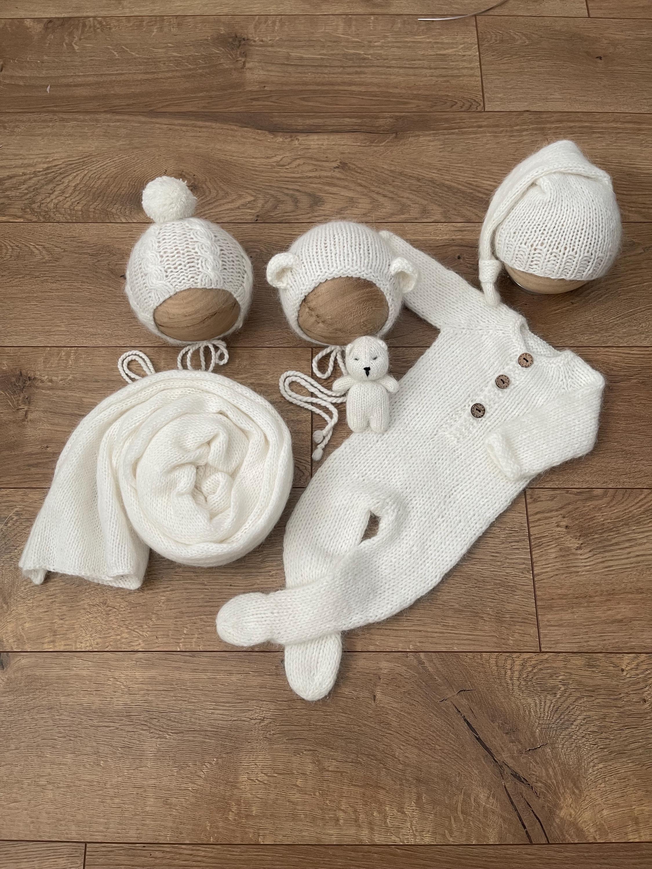 Knitted Baby Romper, Bear Bonnet, Cable Bonnet, Slouchy Hat, Wrap and Tiny Teaddy: Newborn Photo Prop