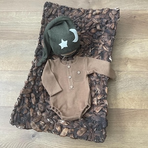 Newborn Boy Romper Set: Brown Knit Outfit, Sleepy Cap Photography Prop