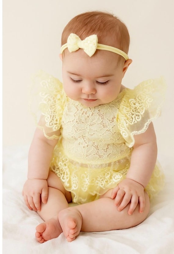 Yellow Lace Baby Romper: Cake Smash Outfit, First Birthday Photoshoot