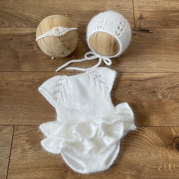 Knitted Baby Romper  Tieback  Girl Bonnet For Newborn Photo Prop Baby Dress For Infant Girl Present For Newborn Girl Baby Shower Girl Gift