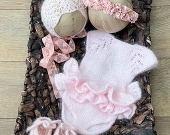 Knitted Baby Ballerina Dress For Newborn Floral Crown  Tieback Newborn Romper Photography Prop Peachy/Pink Baby  Dress Baby Shower Girl Gift