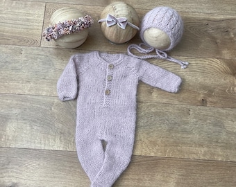 Baby Girl Romper Knitted Hat Velvet Bow Tieback Floral Girl Crown Coming Home Baby Girl Outfit For Photography Images Baby Shower  Gift