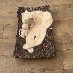 Knitted YELLOW  Orangy  Baby Romper Set: Newborn Photography Prop, Bear Bonnet Teddy