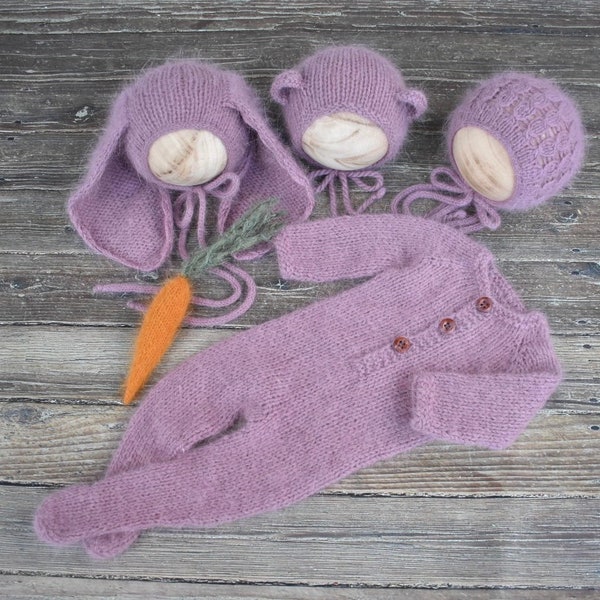 Newborn purple footed romper set, baby girl bear set, angora baby set, purple tieback, knitted baby set, baby sleeper, newborn purple bonnet