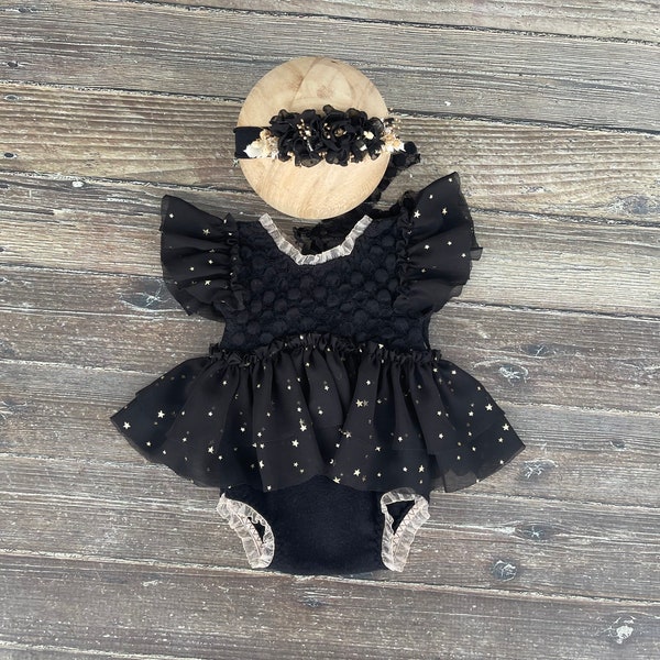 Baby Girl Romper Dress and Tieback Newborn Photo Prop Infant Girl Outfit Little Black Dress For Baby Fancy Wear Little Outfit Baby Garment