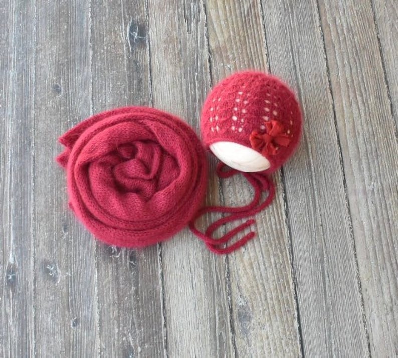 gift photography props baby girl wrap set baby holiday set newborn girl wrap bonnet set Newborn burgundy red photography set
