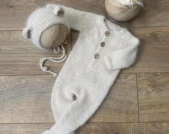 Angora Newborn Romper: Cream Baby Bear Outfit, Photo Prop