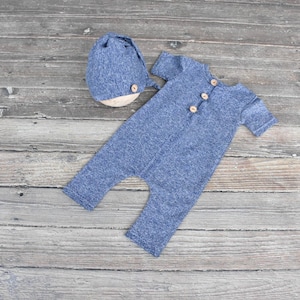 Newborn Boy Romper Set: Striped Knit Outfit, Sleepy Cap, Photo Prop