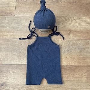 Newborn Boy Romper Set: Navy Knit Outfit, Beanie Hat - Photo Prop