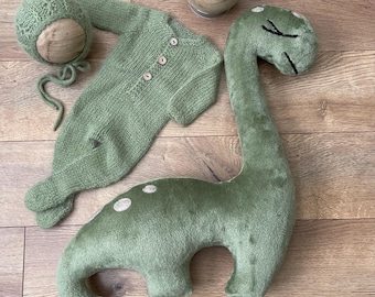 Knit Newborn Outfit: Dino Pillow, Romper, Bonnet & Headband