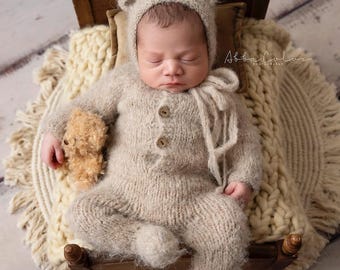 Alpaca Baby Bear Set | Newborn Photo Prop | Soft Alpaca Bonnet & Romper | Luxury Baby Photography Outfit | Neutral Baby Set