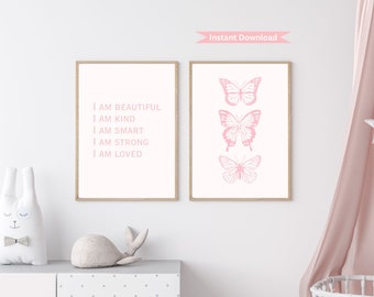 Kids Affirmation Wall Art Print, Butterfly wall art print, Pink Nursery wall art print, Affirmation nursery print, Pink girl bedroom
