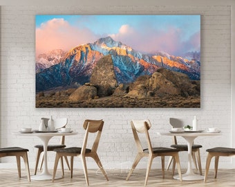 Large California Mountain Print, Eastern Sierra Photo, Alpenglow Wall Decor, Alabama Hills Canvas, Mount Whitney Sunrise, Nature Cabin Decor