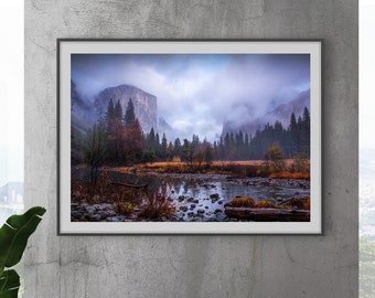 Yosemite Photograph, Misty Yosemite Canvas, Purple, Sierra Nevada Sky, Large California Home Decor, Merced River Wall Art, Limited Edition