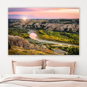 North Dakota Sunrise Photo, Badlands Print, Autumn Little Missouri River, Pink Green, Fine Art Theodore Roosevelt National Park, Tree Art