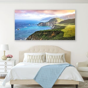 Big Sur Photo, Bixby Bridge, California Coast Beach Sunrise, Large Seascape Canvas, Carmel Pacific View,  Pastel Teal Wall Decor, Hwy 1 Art