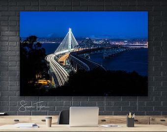 Large San Francisco Bay Bridge Print, Historical New Bay Bridge First Day Photo, Night Home Decor, California Bridge Canvas, Large Wall Art