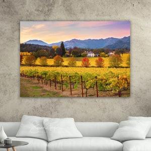 May include: A photograph of a vineyard in autumn with rows of grapevines, colorful trees, and a white house in the distance. The mountains are in the background and the sky is a soft pink and purple.