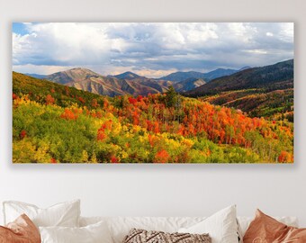 Fotografía de colores de otoño de Utah, colores de follaje de otoño Heber, Park City, lienzo de paisaje de las montañas Wasatch, impresión de arte de cabina, arces rojos vivos