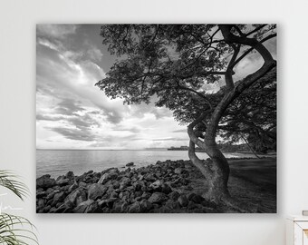 Maui Photography, Black and White Beach Print, Maui Sunset Photo, Hawaii BeachWall Hanging, Large Seascape Art,  Oversized Ocean Home Decor