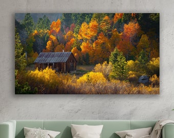 California Autumn Print, Cabin Canvas, Oversized Landscape Mountain Photo, Sierra Nevada, Fall Colors, Nature Wall Art, Rustic Photography