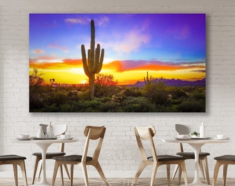 Desert Sunset Arizona Canvas, Colorful Cactus Print, Arizona Desert Extra Large Wall Art, Rustic Sonoran Desert, Phoenix Sunset Landscape