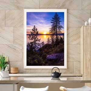 May include: A framed photograph of a sunset over a lake with two silhouetted trees in the foreground. The sky is a vibrant mix of purple, pink, and orange.