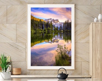 Sierra Nevada Photography, California Sunset Photo, Pastel Mountain Reflection, Sierra Buttes, Large Canvas, Snow Peaks, Travel  Photography