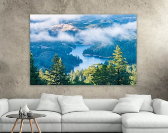 California Fine Art, Misty Mt Tamalpais Lake Photo, Coastal Mountain, Bay Area Marin Nature, Moody Canvas Decor, Large San Francisco Decor